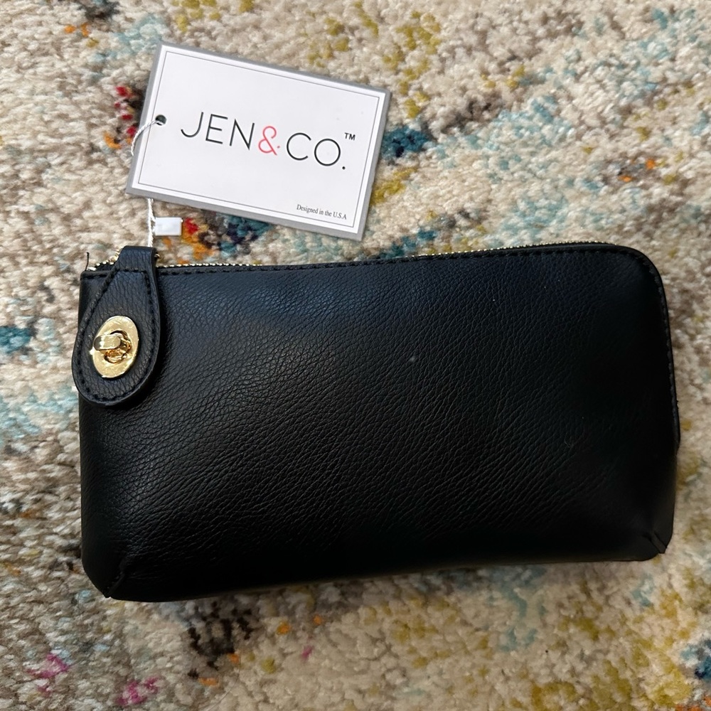 jen & co NWT black and gold wristlet with crossbody strap!